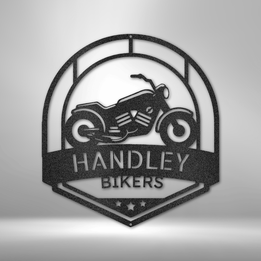 custom steel sign made in usa with motorcycle in shield and two customizable text lines