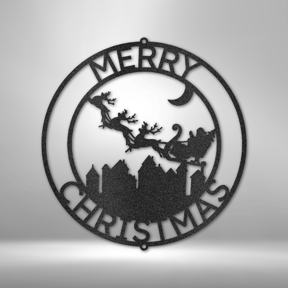 Metal wall art with Santa sleigh, reindeer, moon, and Merry Christmas town skyline design