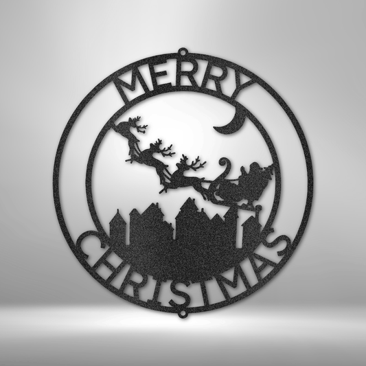Metal wall art with Santa sleigh, reindeer, moon, and Merry Christmas town skyline design
