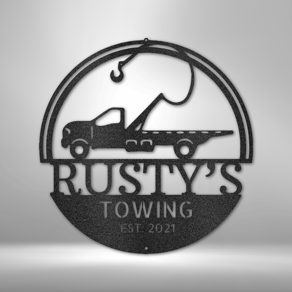 custom steel sign made in usa with tow truck design and three lines of customizable text for business or garage use