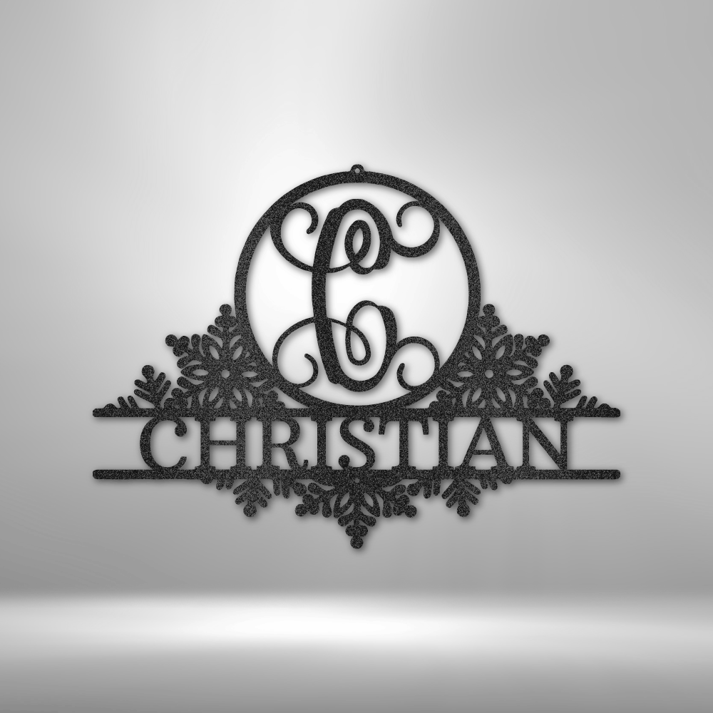 custom steel sign made in usa with snowflake flourishes script monogram and personalized family name