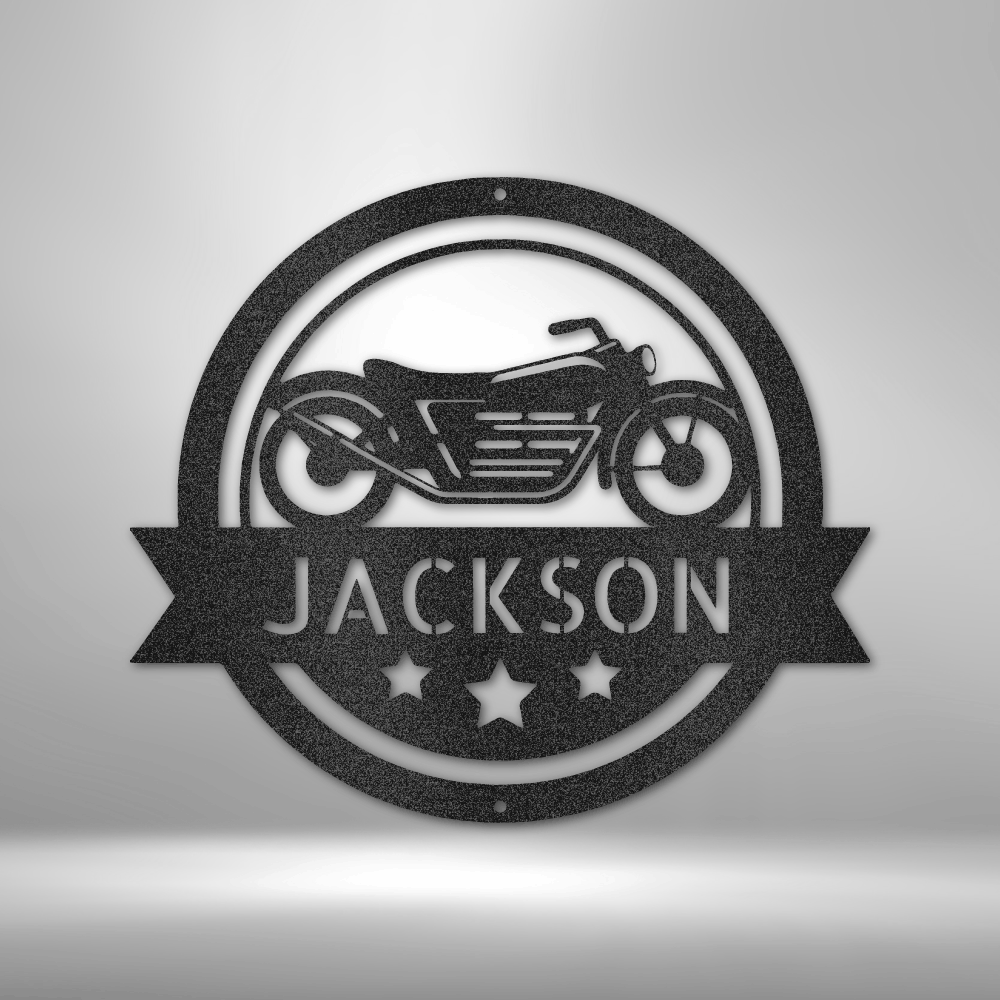 custom steel sign made in usa with motorcycle silhouette and personalized name badge
