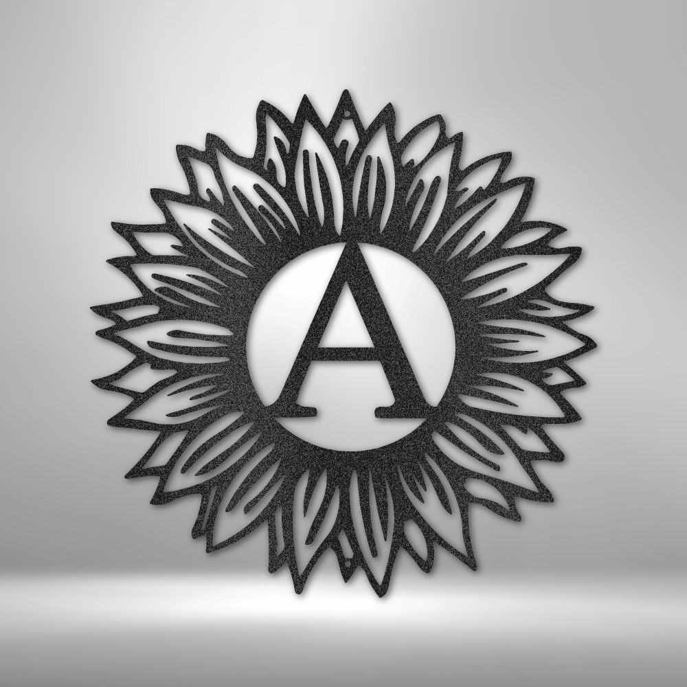 Custom sunflower steel sign with personalized monogram letter at center, floral garden or porch decor made in USA