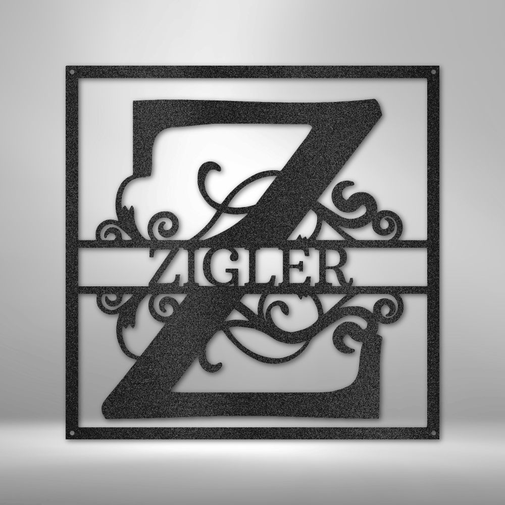 Custom steel square monogram sign with ornate scroll design and personalized name