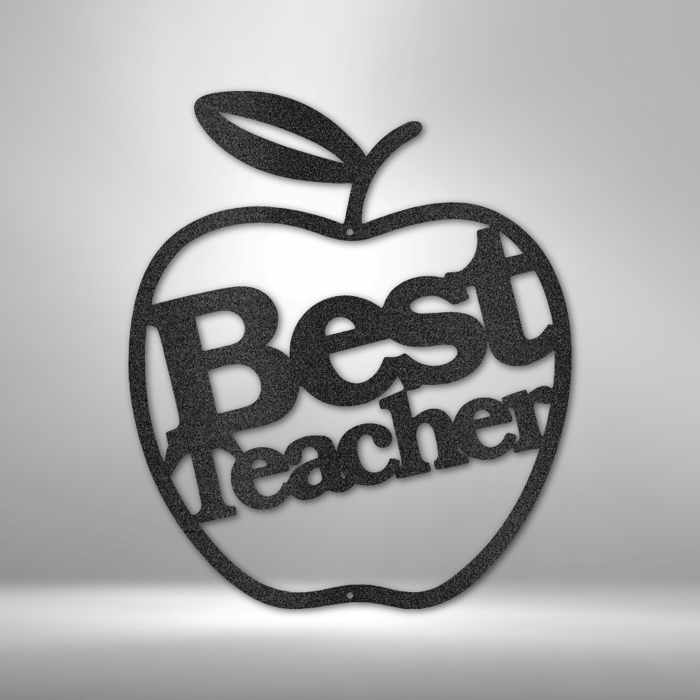 Steel wall art in apple shape with “Best Teacher” cutout text, perfect educator gift