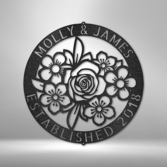 Custom floral steel sign with circular frame and personalized top and bottom text, garden or wedding gift wall art made in USA