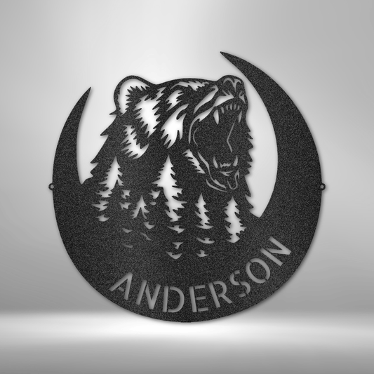 custom steel sign made in usa with roaring bear crescent moon forest and personalized name