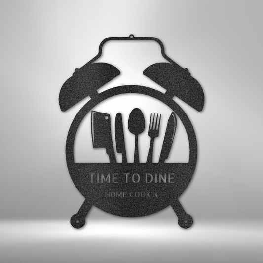 custom steel sign made in usa shaped like alarm clock with utensils and customizable dining text