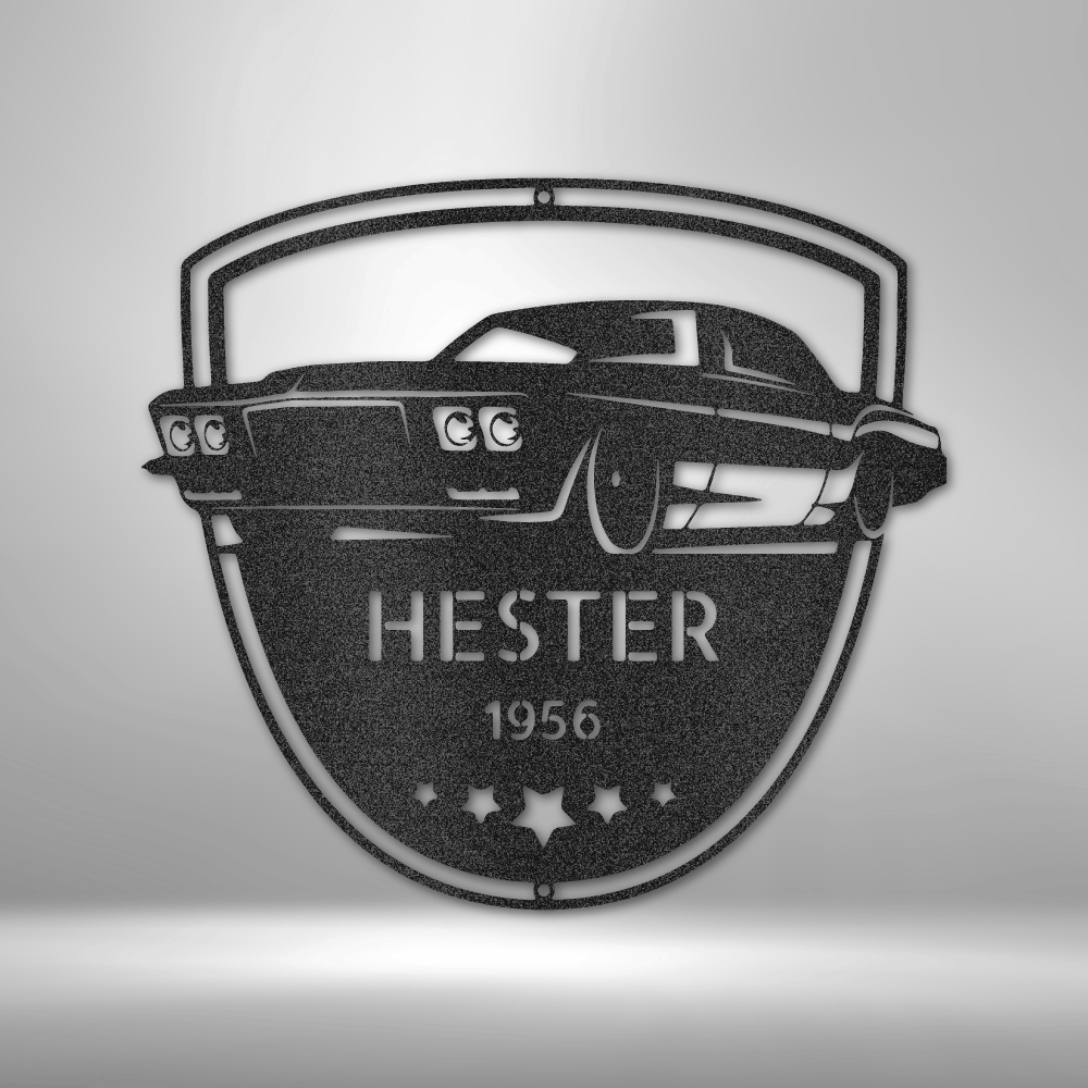 Custom muscle car steel sign with shield layout, personalized name and date, garage or man cave wall decor made in USA