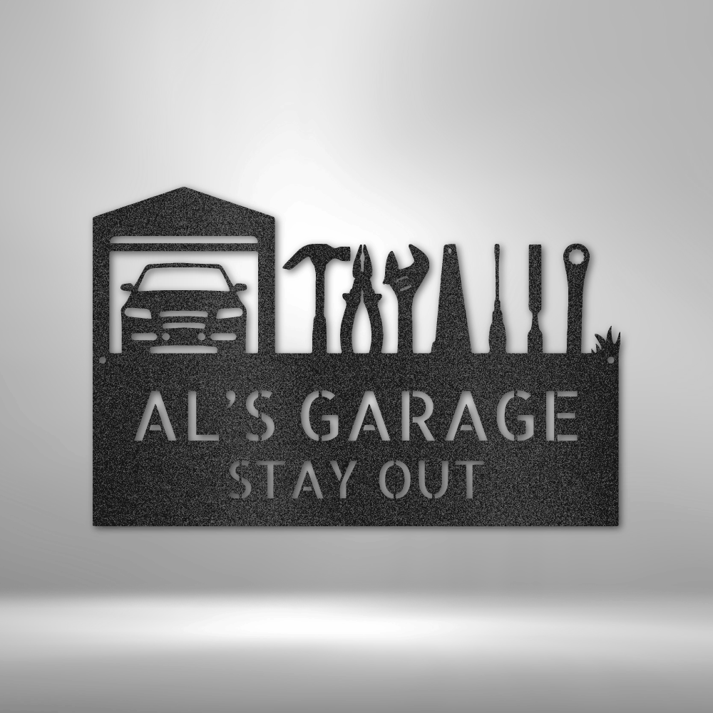 Custom garage and tool steel sign with two personalized text lines and garage icon, made in USA