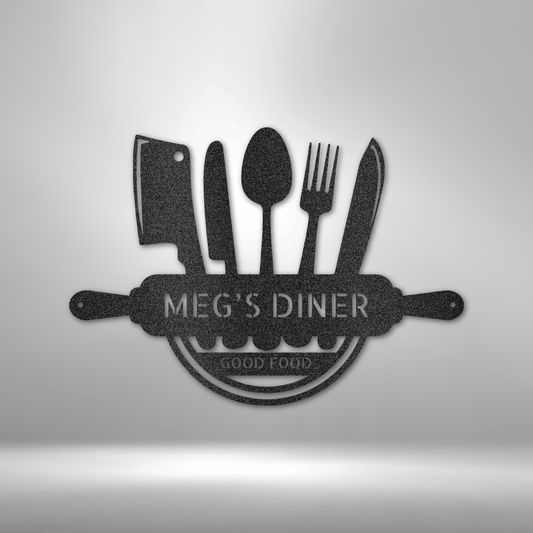 Custom steel kitchen wall art with bold utensils and personalized cutting board nameplate
