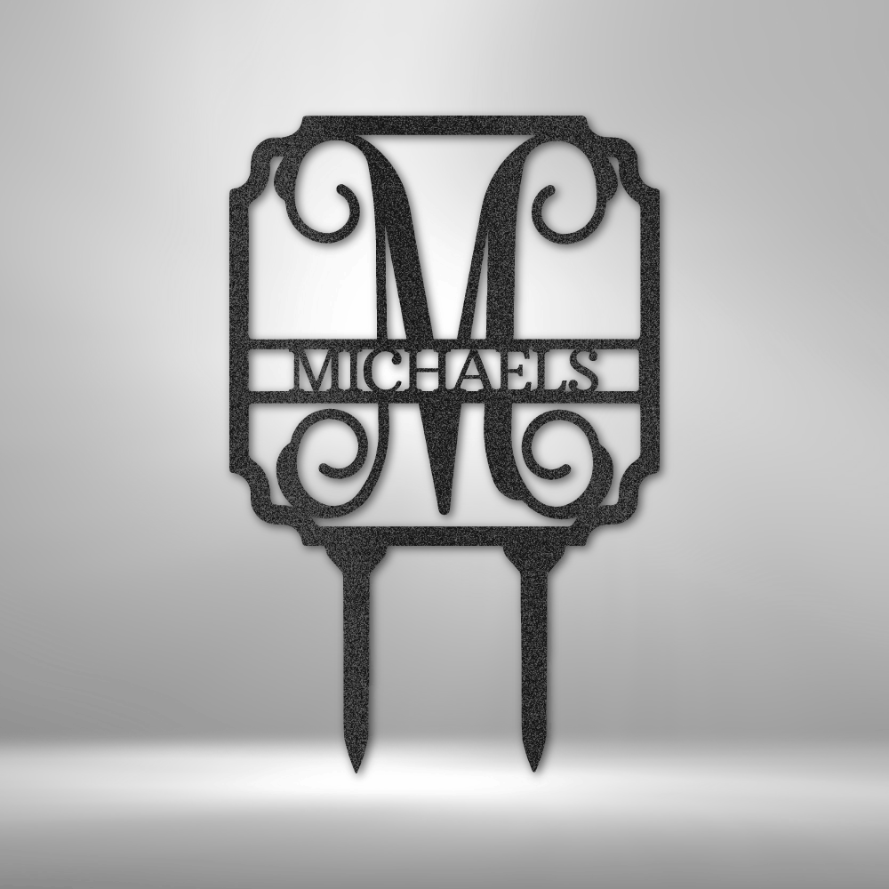 custom steel yard sign made in usa with split letter monogram and personalized family name for ground display