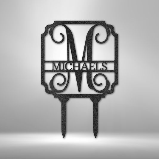 custom steel yard sign made in usa with split letter monogram and personalized family name for ground display