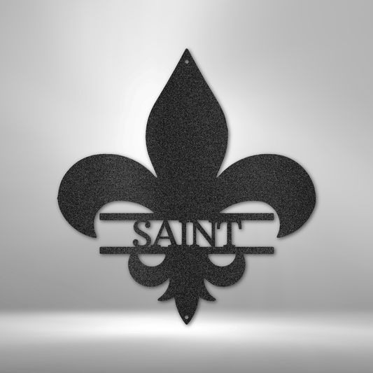 custom steel sign made in usa with fleur de lis shape and customizable center name or phrase