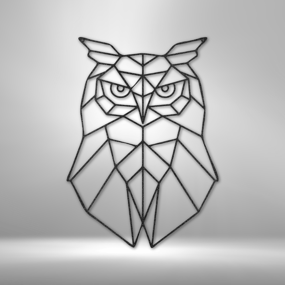 Metal wall art featuring geometric owl silhouette in modern angular design