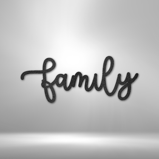 Family metal wall art in cursive script font, minimalist home decor sign made in USA