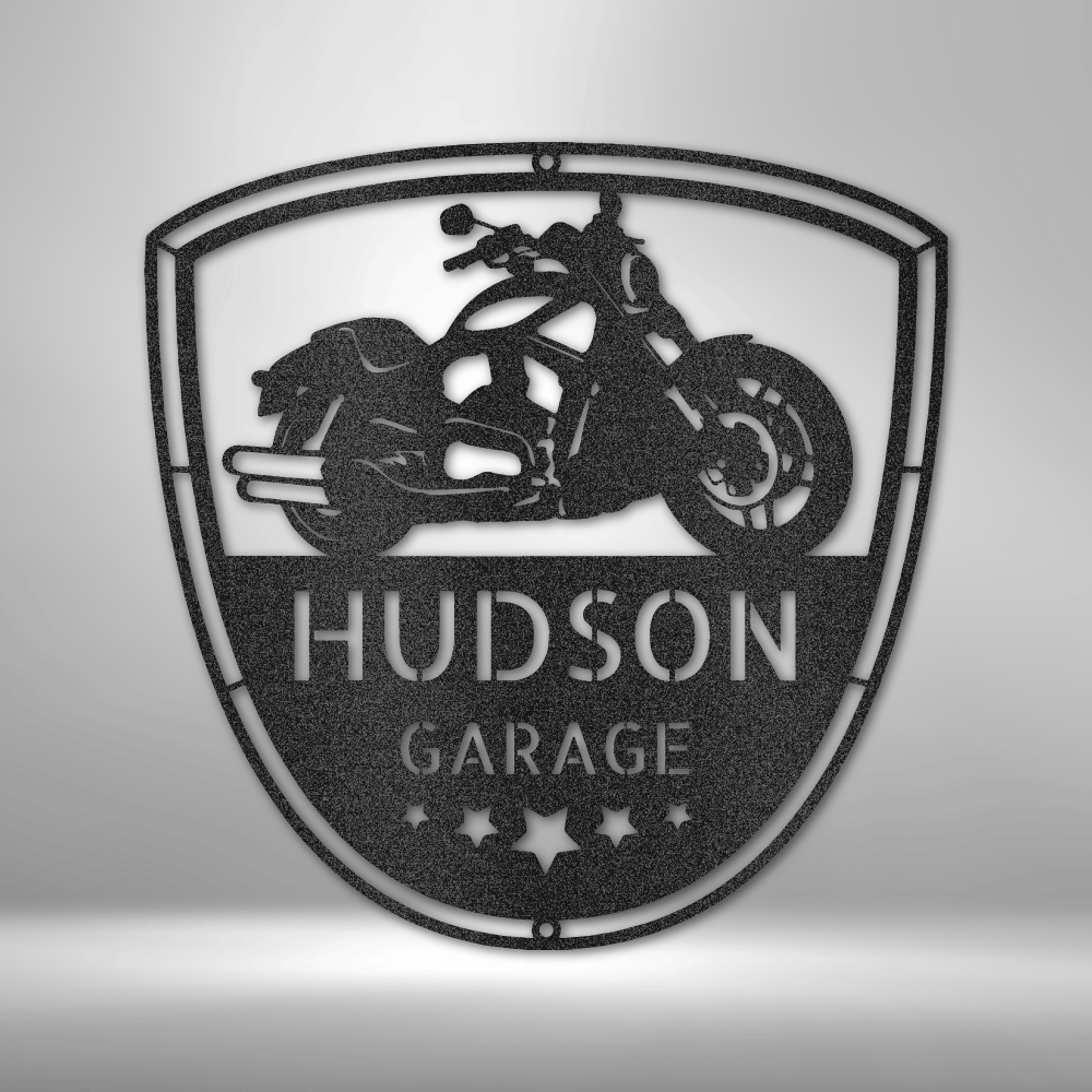 Custom steel motorcycle garage sign with personalized name and text, biker man cave wall art made in USA