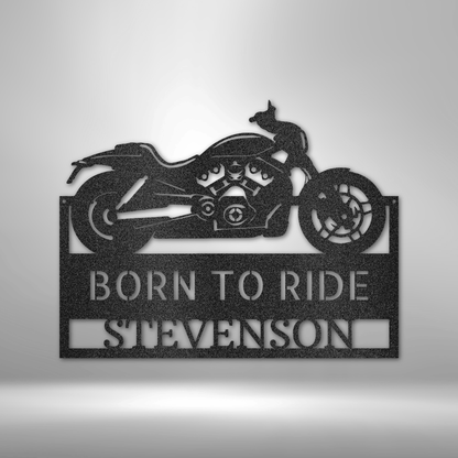 custom steel sign made in usa with motorcycle silhouette and personalized name and phrase