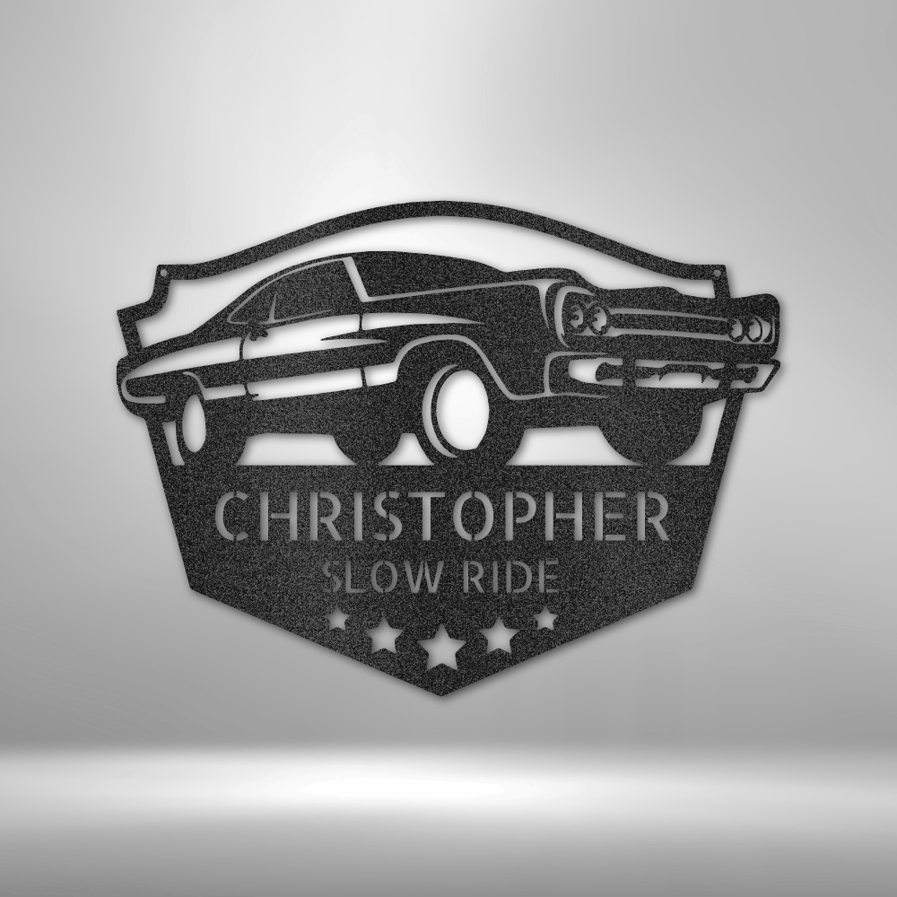 Custom steel sign with lowrider silhouette, personalized name and phrase, garage or man cave wall art made in USA