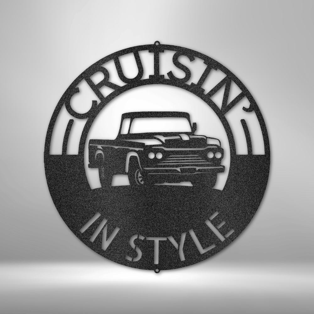 Custom steel sign with vintage pickup and customizable top and bottom text, garage wall art made in USA