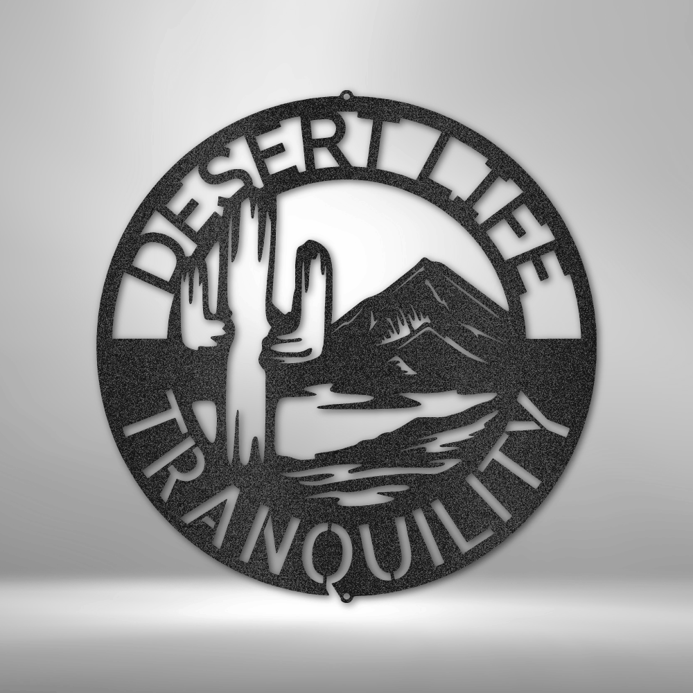 Custom steel sign with desert cactus and mountain scene, personalized text, southwestern home or patio decor made in USA