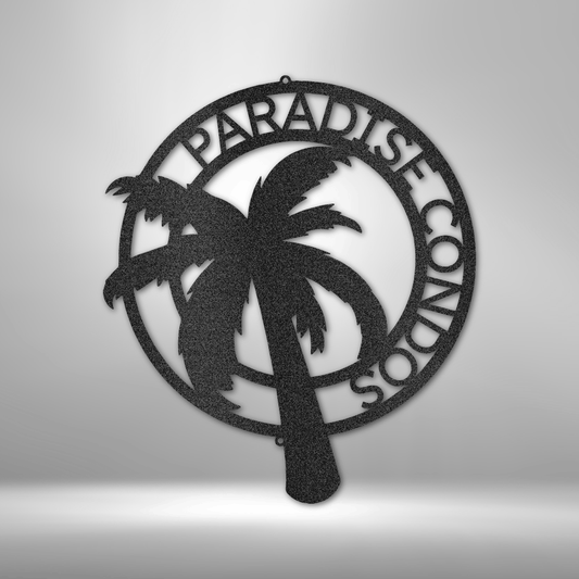 Custom palm tree steel sign with round frame and personalized curved text, tropical beach home decor made in USA