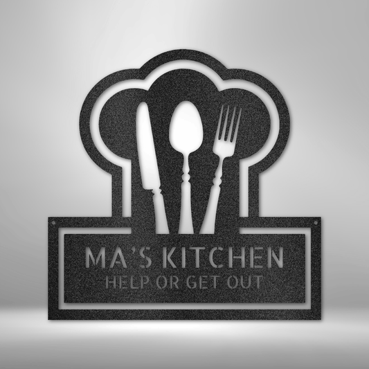 custom steel sign made in usa with chef hat cutlery and two lines of personalized kitchen text