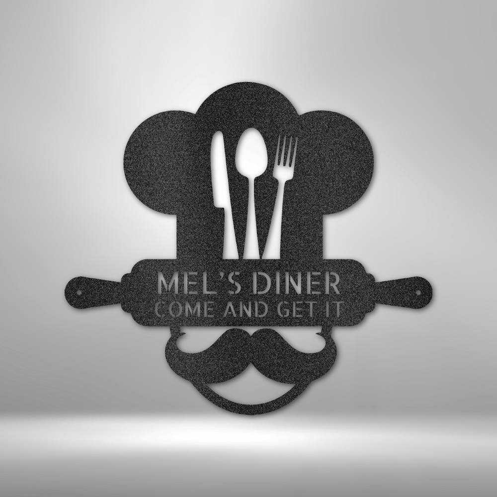Custom chef kitchen steel sign with personalized text, utensils, and mustache, made in USA