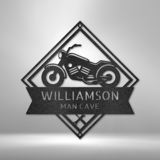 Custom steel wall art with cruiser motorcycle and personalized man cave text
