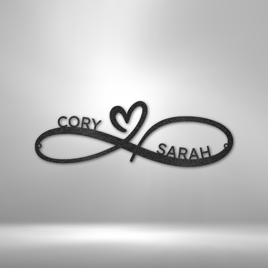 custom steel sign made in usa with infinity symbol heart and personalized couple names