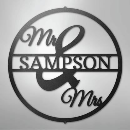 Mr and Mrs Circle steel sign in black finish
