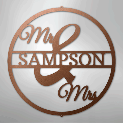 Mr and Mrs Circle steel sign in copper finish