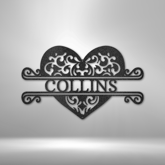 Custom steel heart wall art with filigree scroll and personalized name banner, romantic home decor made in USA
