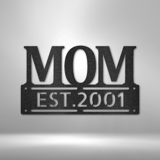 Custom steel wall art with bold MOM text and personalized established year