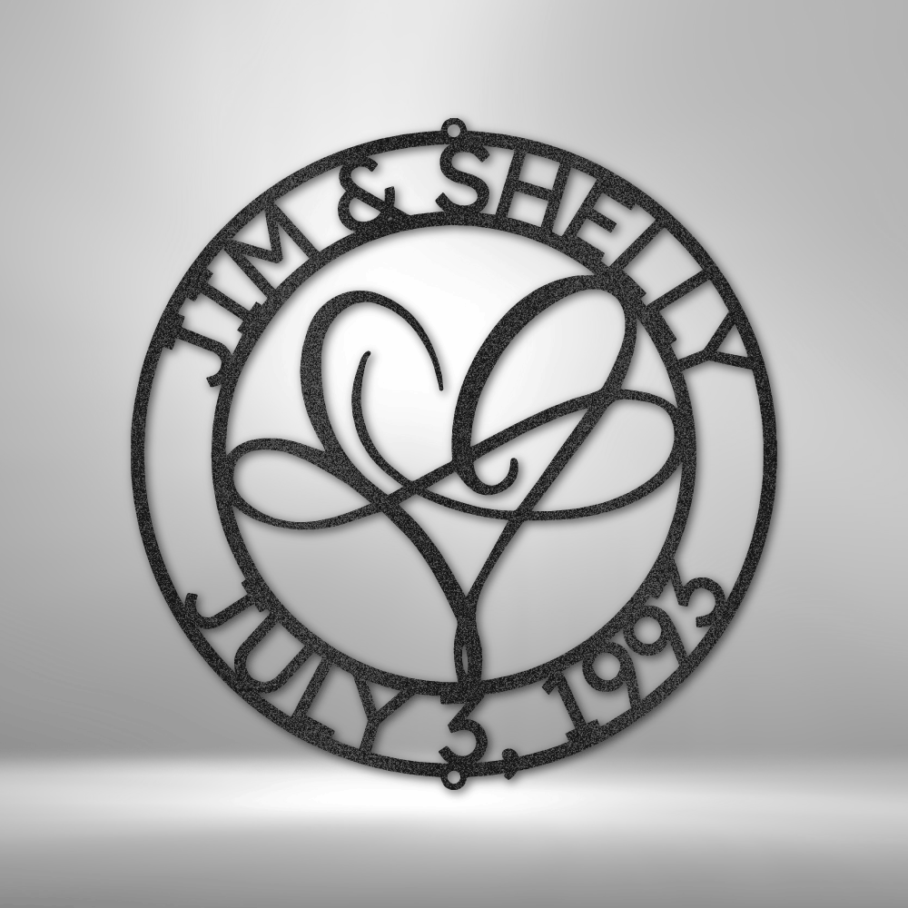 Custom steel sign with double heart design and fully personalized names and date