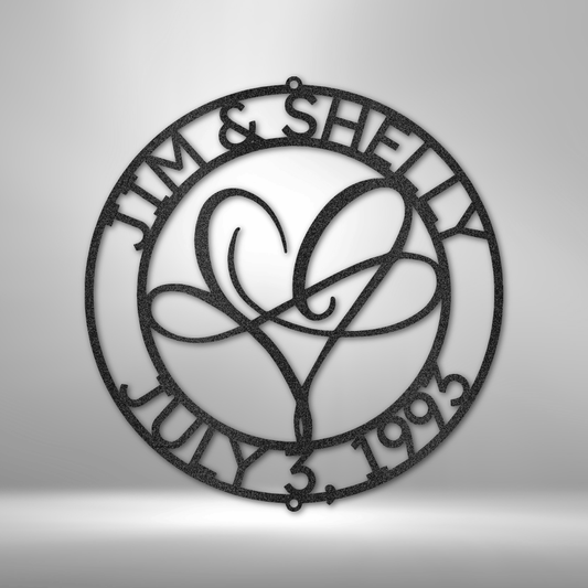 Custom steel sign with double heart design and fully personalized names and date