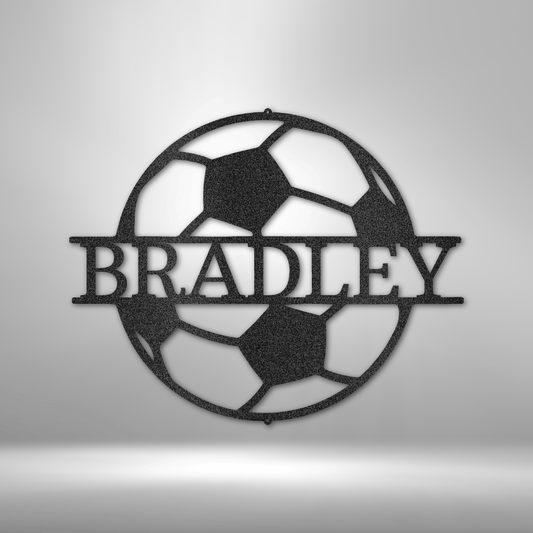 Custom steel soccer ball sign with personalized nameplate, kids room or coach gift wall decor made in USA