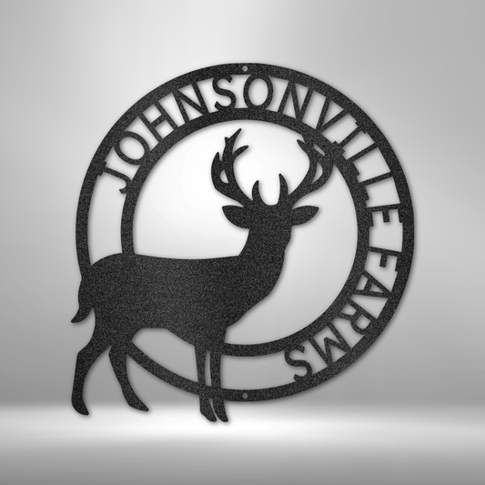 Custom deer steel sign with buck silhouette and personalized circular text, hunting cabin or farm decor made in USA