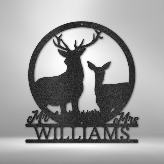 Custom Mr. and Mrs. deer steel sign with buck, doe, and family name, rustic wedding or cabin decor made in USA