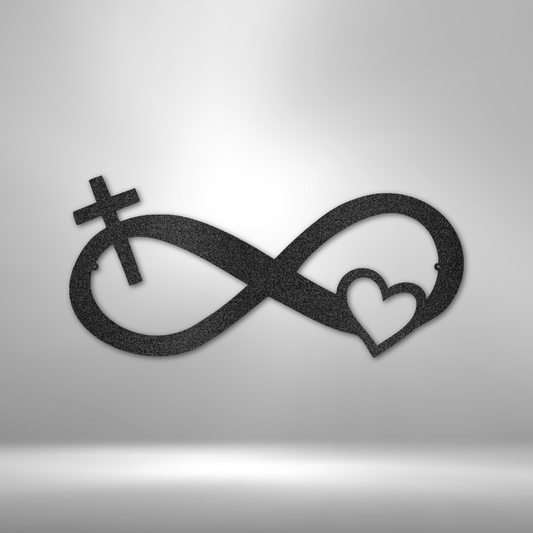 Infinity metal wall art with cross and heart symbols, Christian faith home decor made in USA