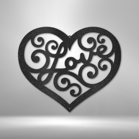 Love heart metal wall art with swirling script design, romantic Valentine's gift & home decor made in USA