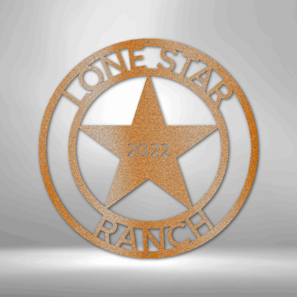 Custom steel sign with rustic Lone Star 5-point star with personalized top and bottom text, makes for rustic western wall decor, made in USA, copper.