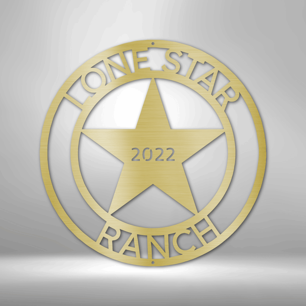 Custom steel sign with rustic Lone Star 5-point star with personalized top and bottom text, makes for rustic western wall decor, made in USA - gold.