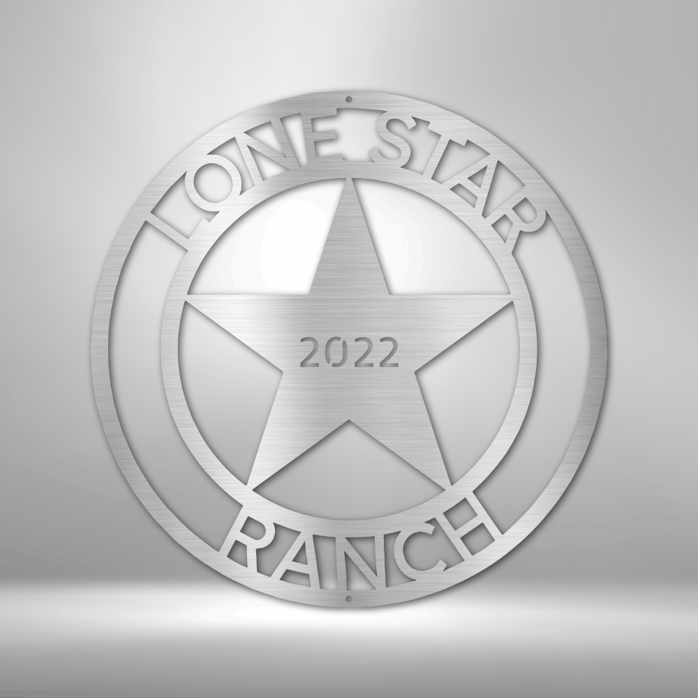 Custom steel sign with rustic Lone Star 5-point star with personalized top and bottom text, makes for rustic western wall decor, made in USA - Silver.