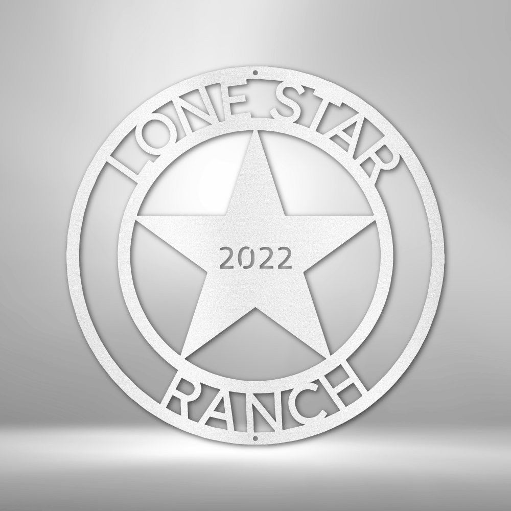 Custom steel sign with rustic Lone Star 5-point star with personalized top and bottom text, makes for rustic western wall decor, made in USA, white.