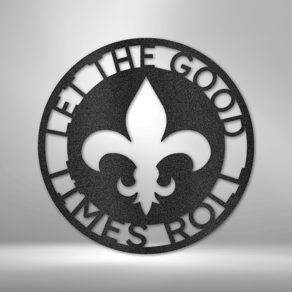 Custom round steel sign with fleur-de-lis and personalized text border, made in USA
