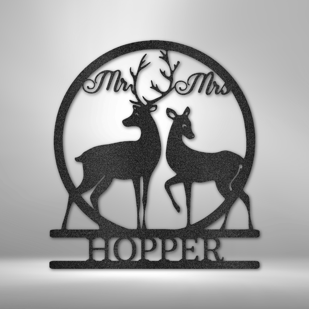 custom steel sign made in usa with mr and mrs deer couple silhouette and custom last name