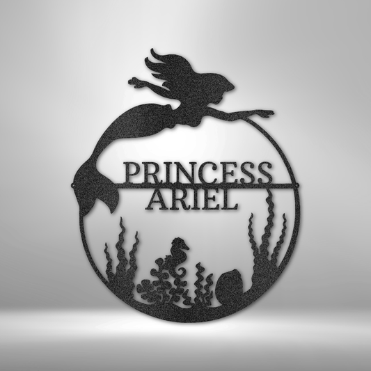 Custom mermaid steel sign with ocean scene and personalized nameplate, girls' room decor made in USA