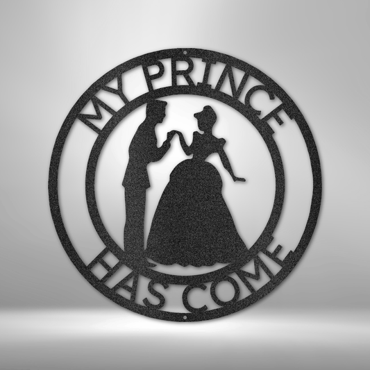 Fairy tale metal wall art with princess and prince silhouette, kids room or nursery decor made in USA