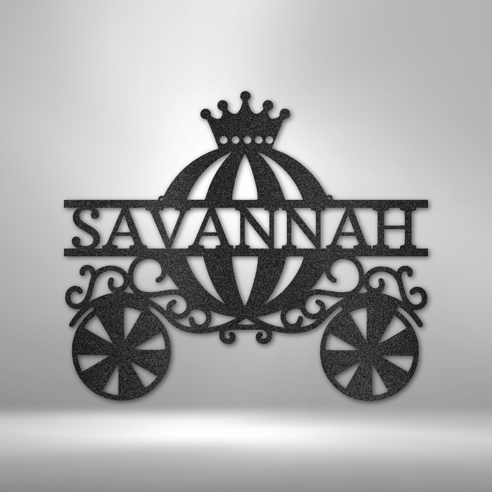 Custom steel sign with princess carriage and personalized name for children's play room and kids bedroom decor.